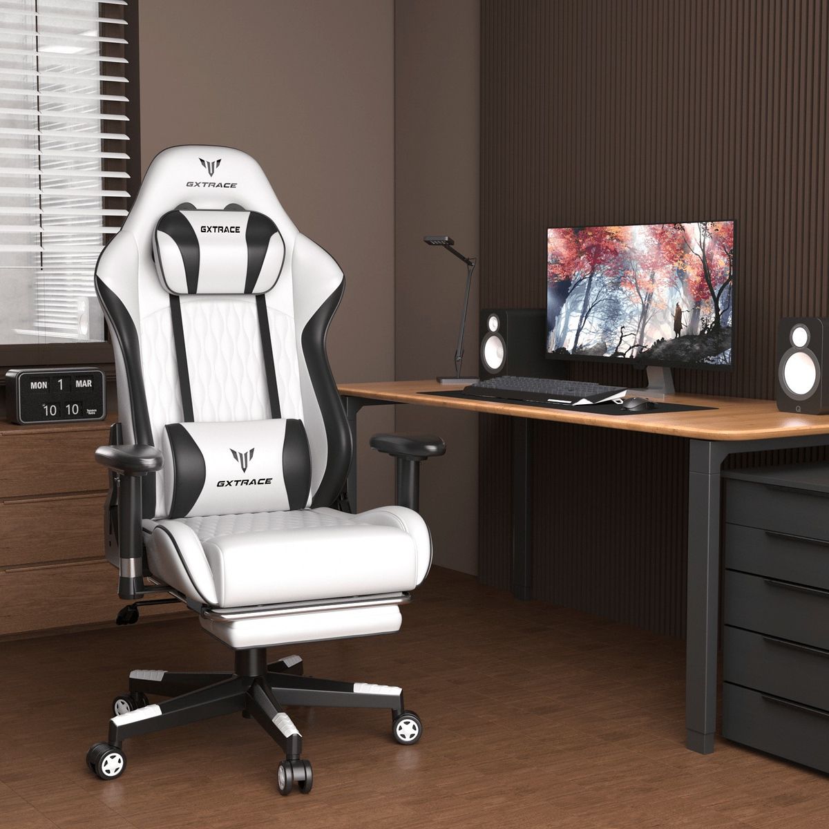 上の座り心地 ゲーミングチェア オットマン付 リクライニング 厚手クッション 高耐久 アームレスト ヘッドレスト調整 人間工学設計 PUレザー デスクチェア PCチェア オフィスチェア テレワーク ホワイト