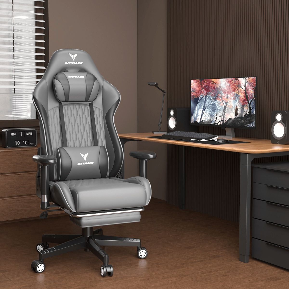 上の座り心地 ゲーミングチェア オットマン付 リクライニング 厚手クッション 高耐久 アームレスト ヘッドレスト調整 人間工学設計 PUレザー デスクチェア PCチェア オフィスチェア テレワーク グレー