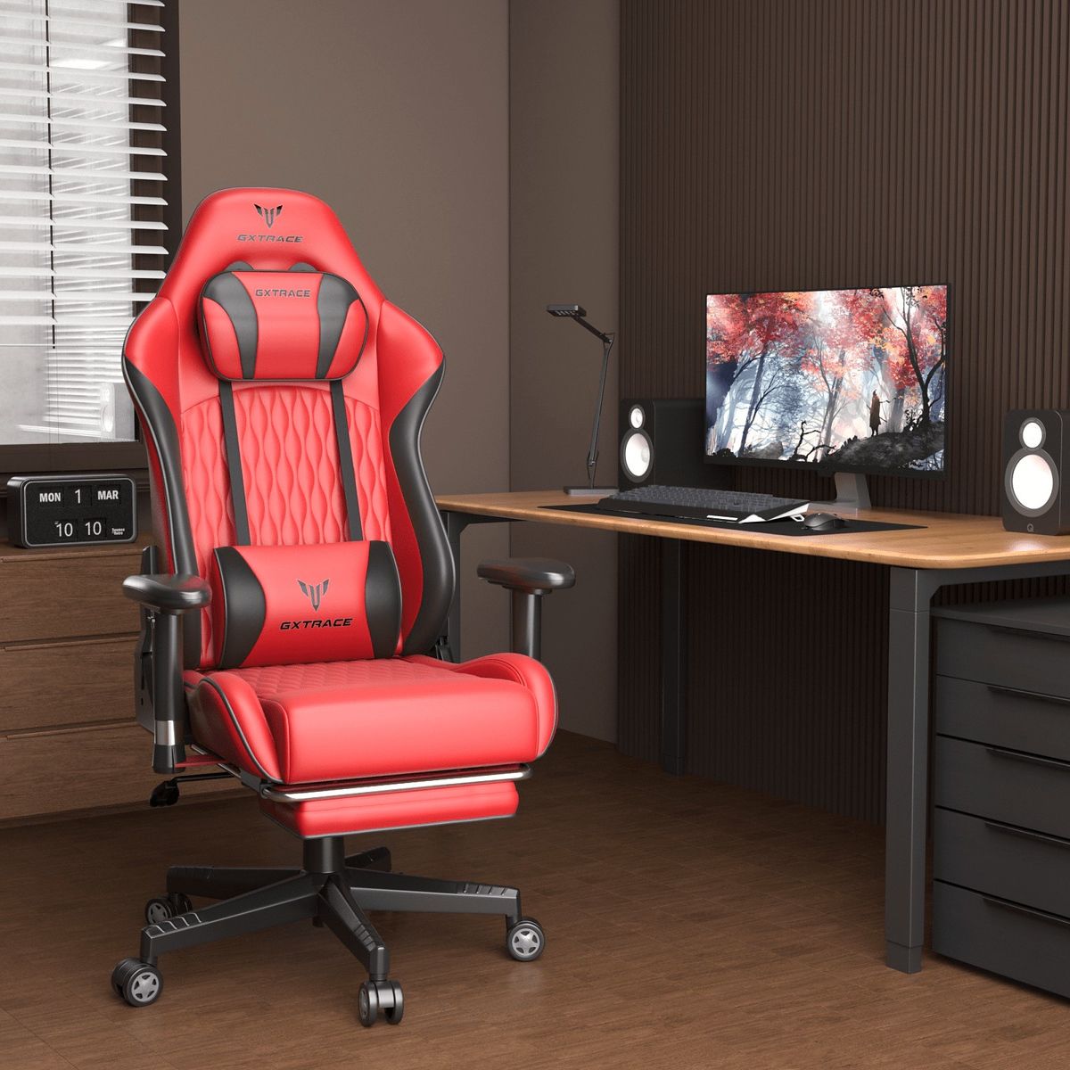 上の座り心地 ゲーミングチェア オットマン付 リクライニング 厚手クッション 高耐久 アームレスト ヘッドレスト調整 人間工学設計 PUレザー デスクチェア PCチェア オフィスチェア テレワーク レッド