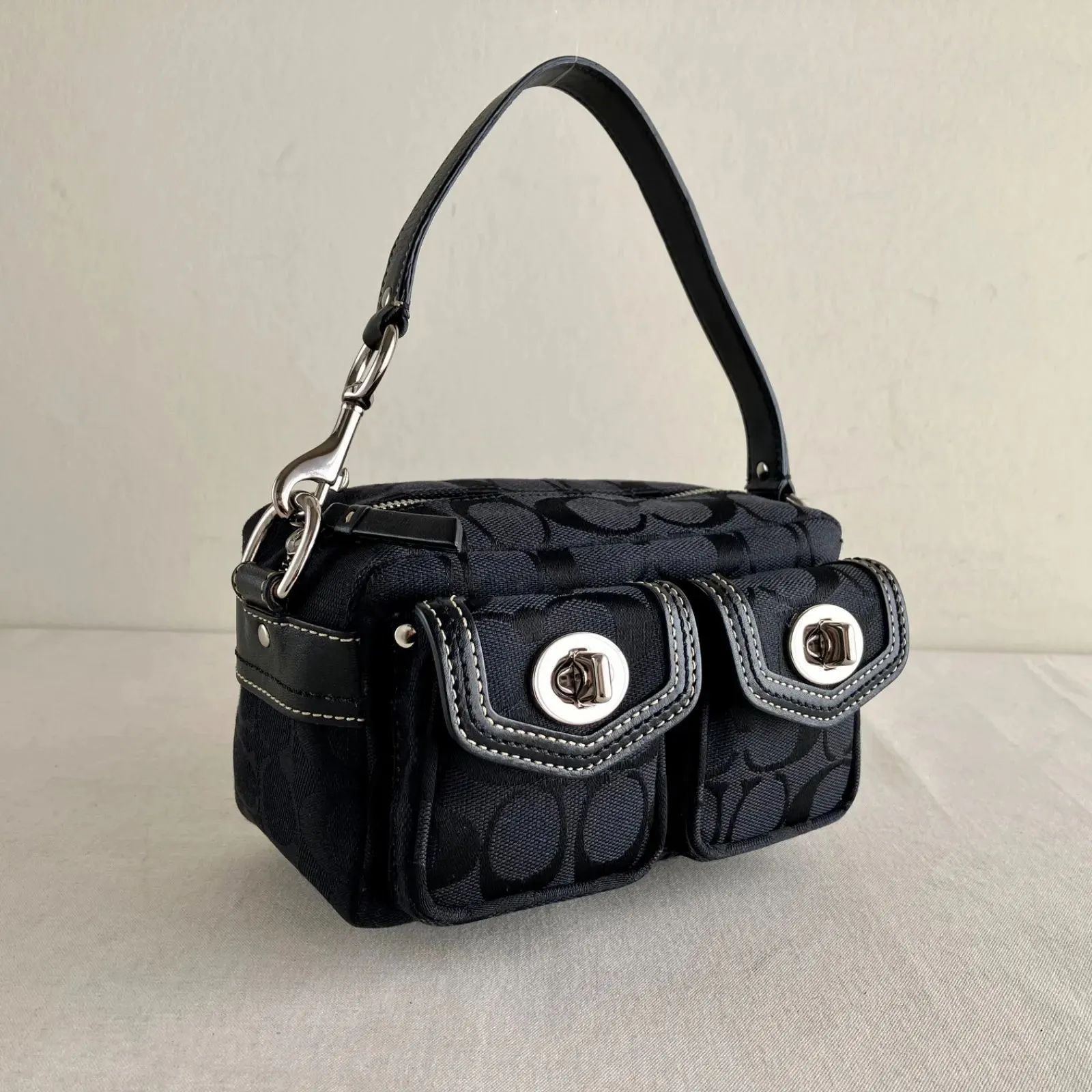 バッグ COACH y2k Leather Satchel Bag Black Coach Vintage Y2K Black Canvas Leather Mini Satchel Handbag with