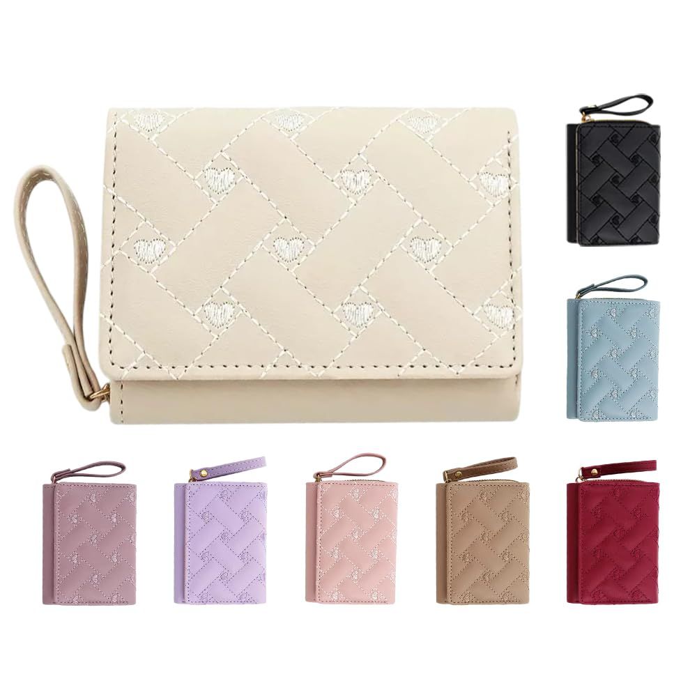 Vicikey] ニ財布 三つ折り財布 ハート刺繍 PUレザー パスケース キッズ 小銭入れ 可愛い