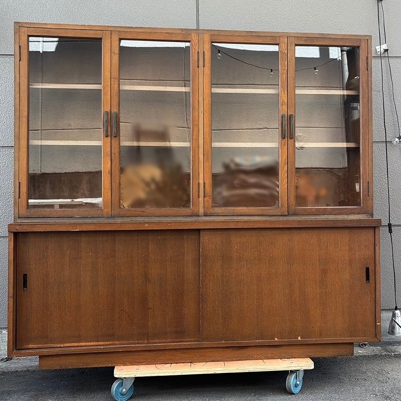 木製ガラス扉キャビネット　本箱　本棚　レトロ アンティーク スリム 本棚 ガラス扉付 キャビネット 北欧 幅51cm