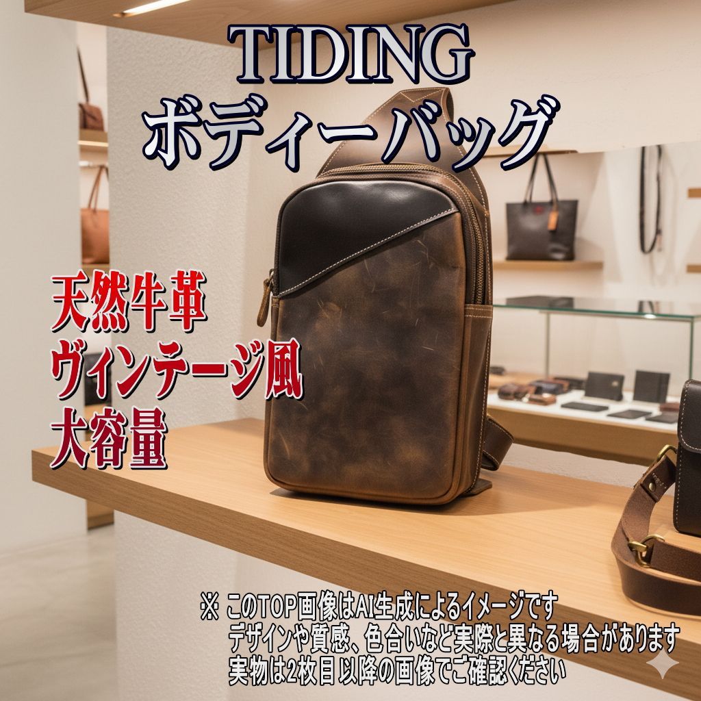 TIDING 天然牛革 ボディーバッグ ダークブラウン ヴィンテージ風 本革 ワンショルダー 斜め掛け 鞄