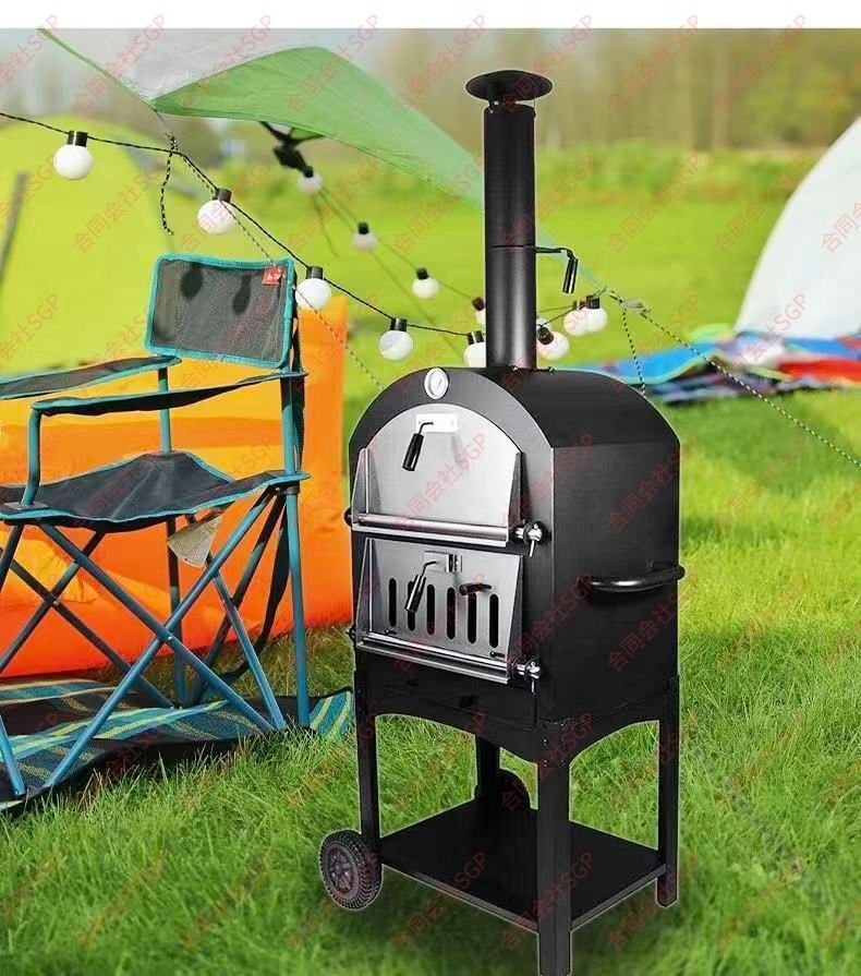 新登場屋外ピザオーブンピザ窯煙突 とピザストーンを備えたポータブル薪ストーブピザメーカー 2層ピザオーブン薪窯 取り外し なホイールを備えた薪ストーブ屋外ピザオーブン