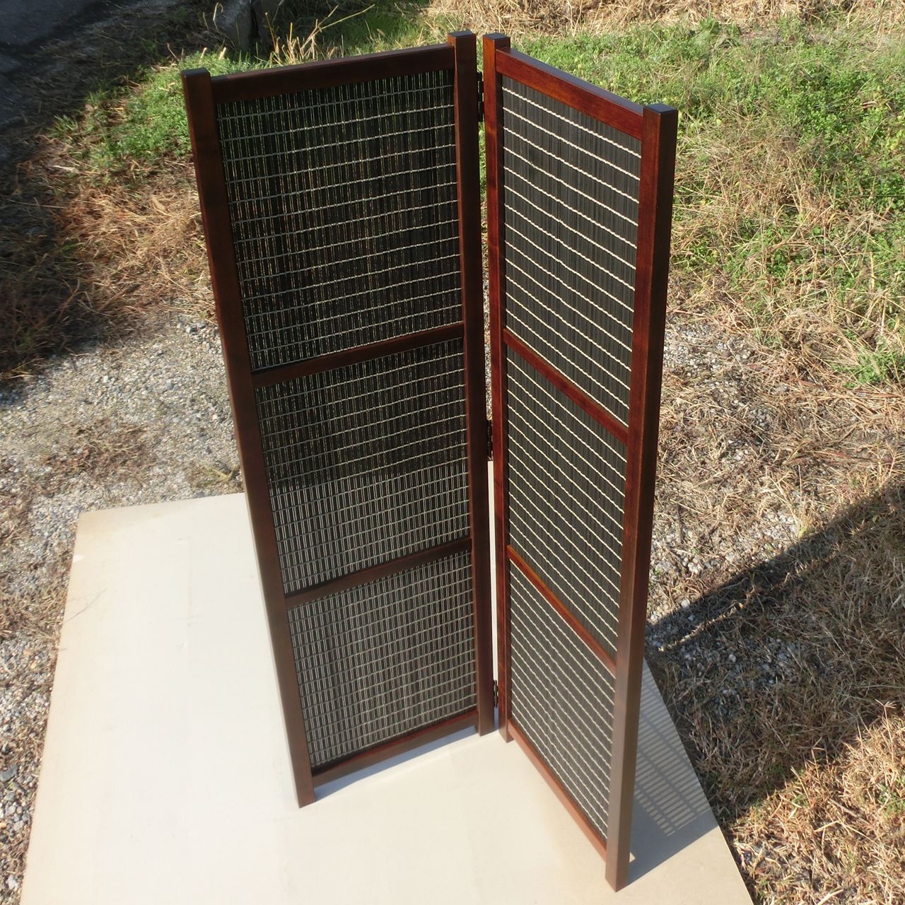 新品】間仕切り パーテーション 2つ折り ブラック木簾 樺桜ブラウン