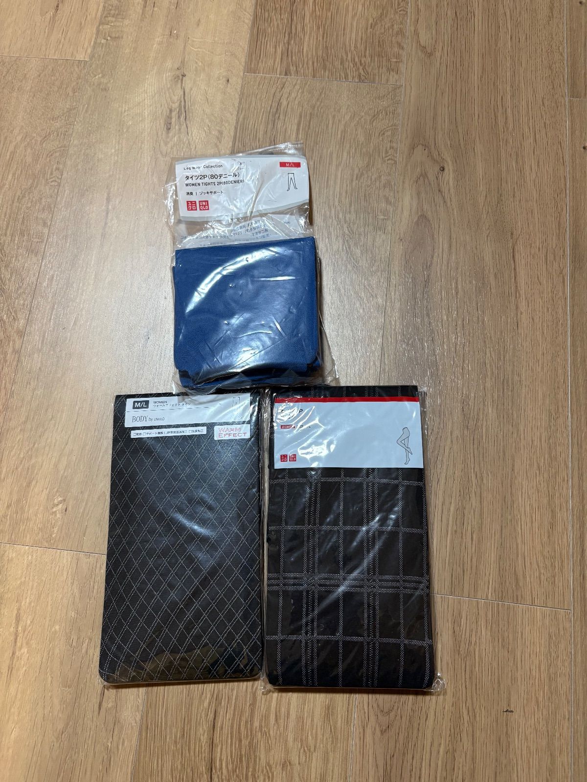UNIQLO ユニクロ タイツ 3点セット チェック ダイヤ柄 黒 青 M/L