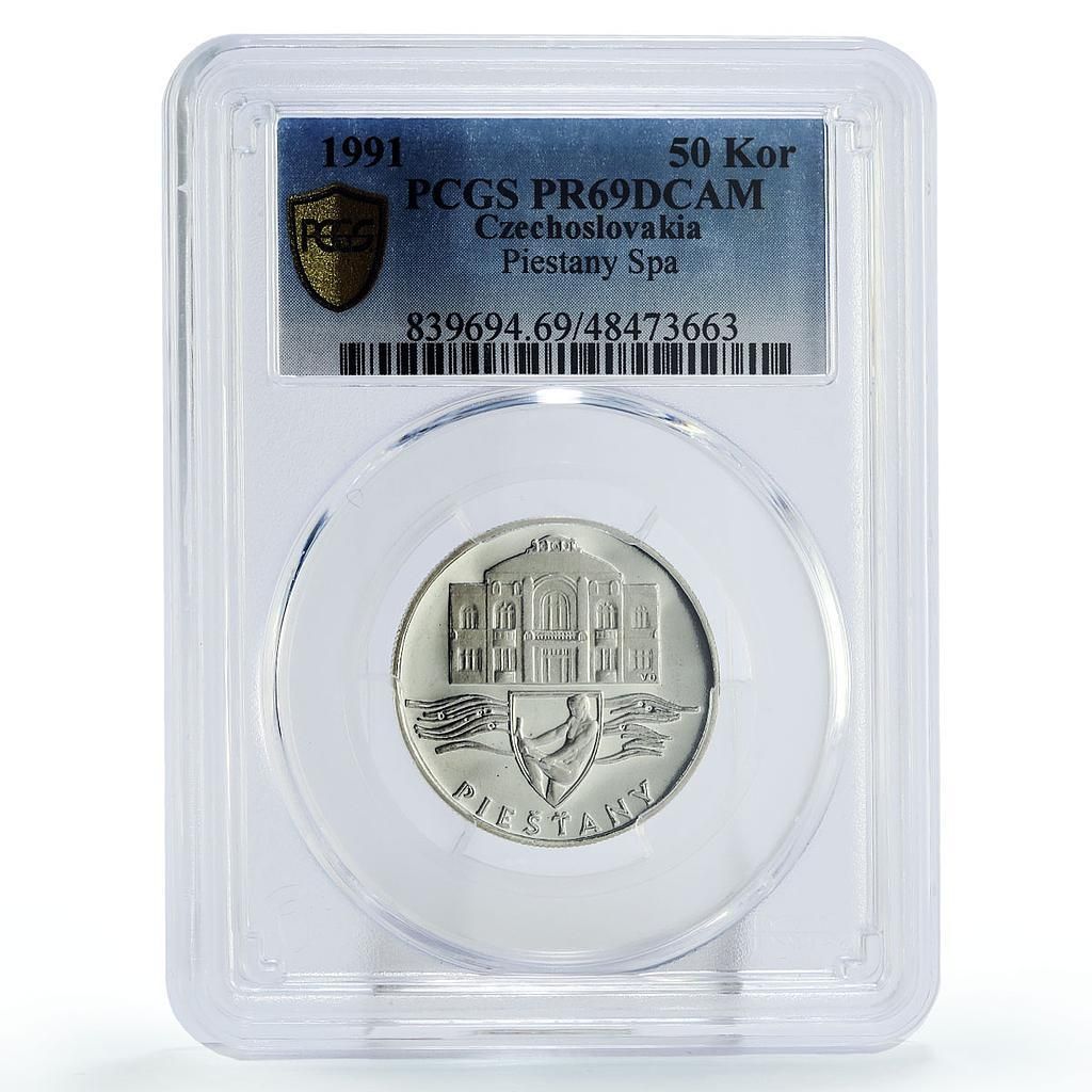 チェコスロバキア 50コルナ ピエシュチャニー スパ建築 PR69 PCGS 銀貨