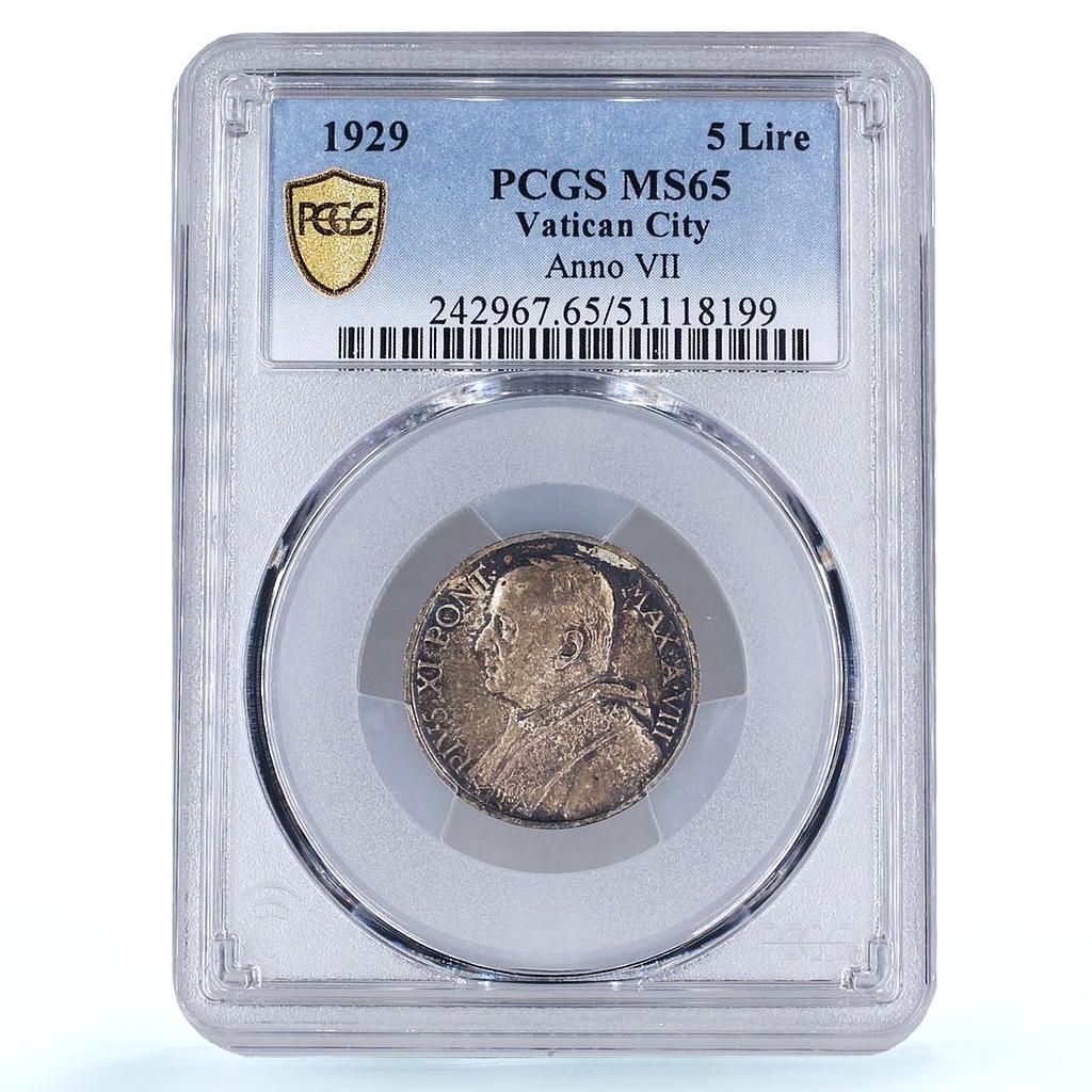 イタリア バチカン 5リラ 教皇ピ11世 聖ペテロの舟 MS65 PCGS 銀貨