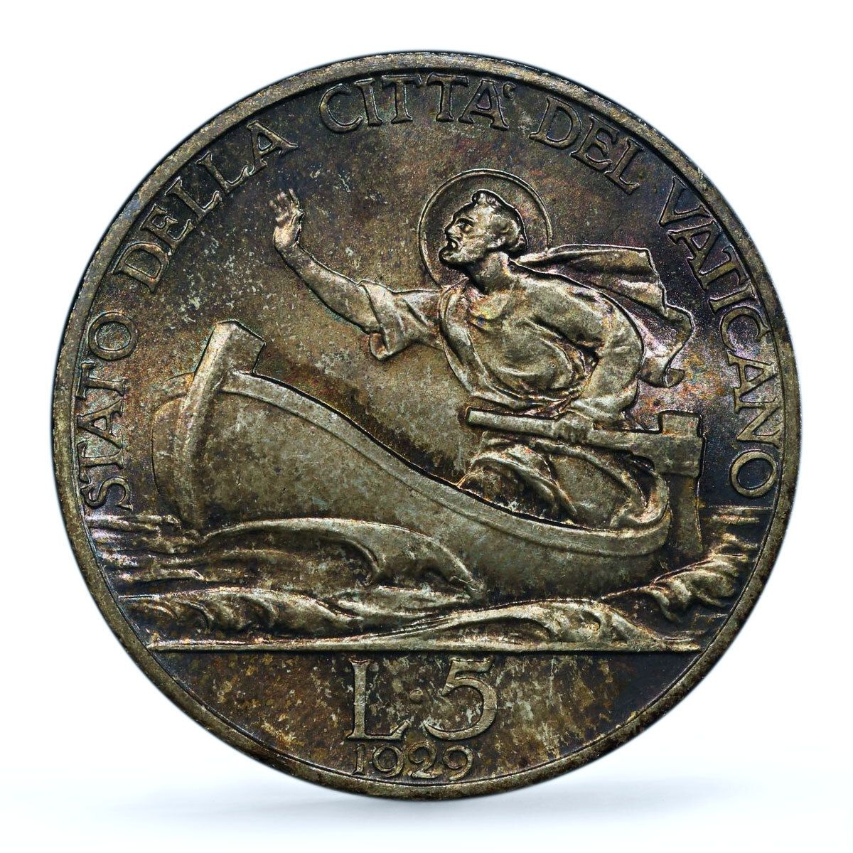 イタリア バチカン 5リラ 教皇ピ11世 聖ペテロの舟 MS65 PCGS 銀貨