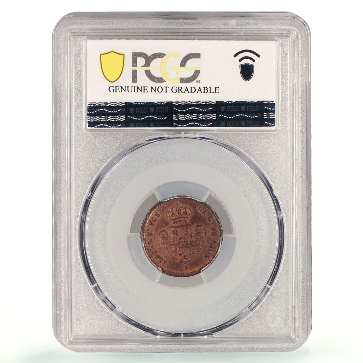 スペイン 1 10 実物 イサベル2世女王 Sego KM 590 PCGS 銅貨 1850年