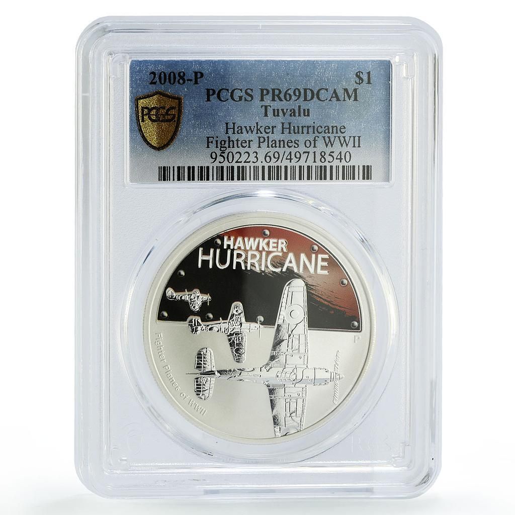 ツバル 1ドル 第二次世界大戦戦闘機 ホーカーハリケーン PR 69 PCGS 銀貨 2008年