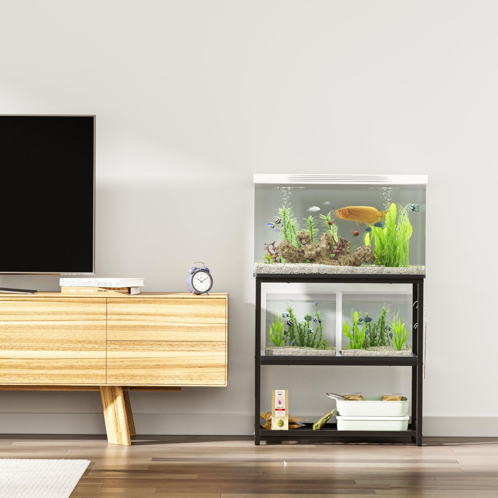 DEWEL 水槽台 60 cm水槽用 プリンタ台 プリンターラック 収納 棚 シンク台 水槽スタンド 幅65 奥行き30 高さ65 cm 水槽 置く 台 3段 水槽設置台 木製 総耐荷重120 kg ブラック