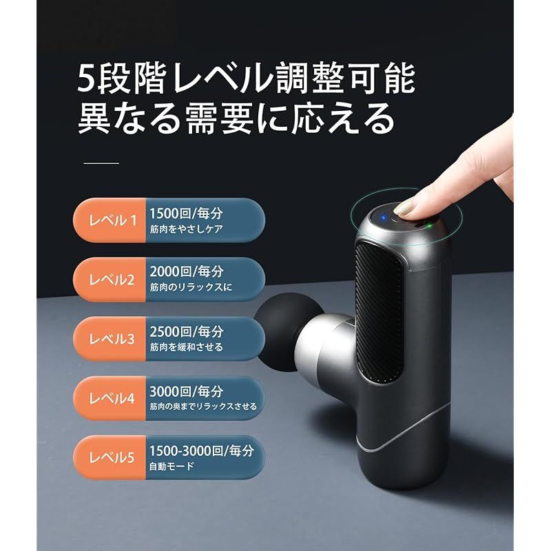 arboleaf 筋膜リリースガン ハンディガン MINI 自適応モード付き 4つのシリコンヘッド付属 5段階強力振動 筋膜リリース 筋膜ガン Type-C充電式 2000 mAh 2大容量 8時間以上連続使用 370 g軽量 最速3000回 分 静音 携帯 1
