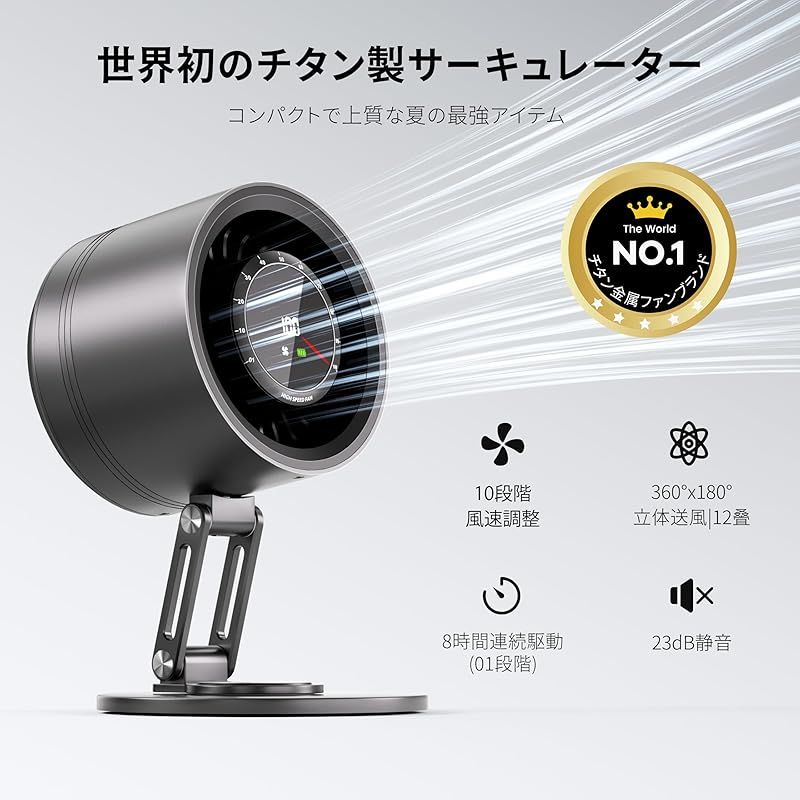 世界初 チタン金属製サーキュレーター DCモーター 卓上扇風機 静音 超小型せんぷうき パワフル送風 省エネ USB充電式 10段階風量調節 デスクトップファン 360° x 180°立体送風 5000 mAhバッテリー 9時間の持続使用 LEDディスプレイ付 0