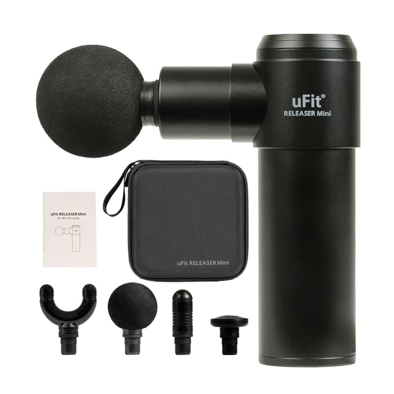 日本 ブランド uFit Mini 筋膜リリースガン ミニ 強力 8 mm振幅 軽量 500 g 静音 振動レベル4段階 アタッチメント4種 使い方動画 180日 プロアスリート愛用 水谷隼 ブラック ハンディガン プレゼント