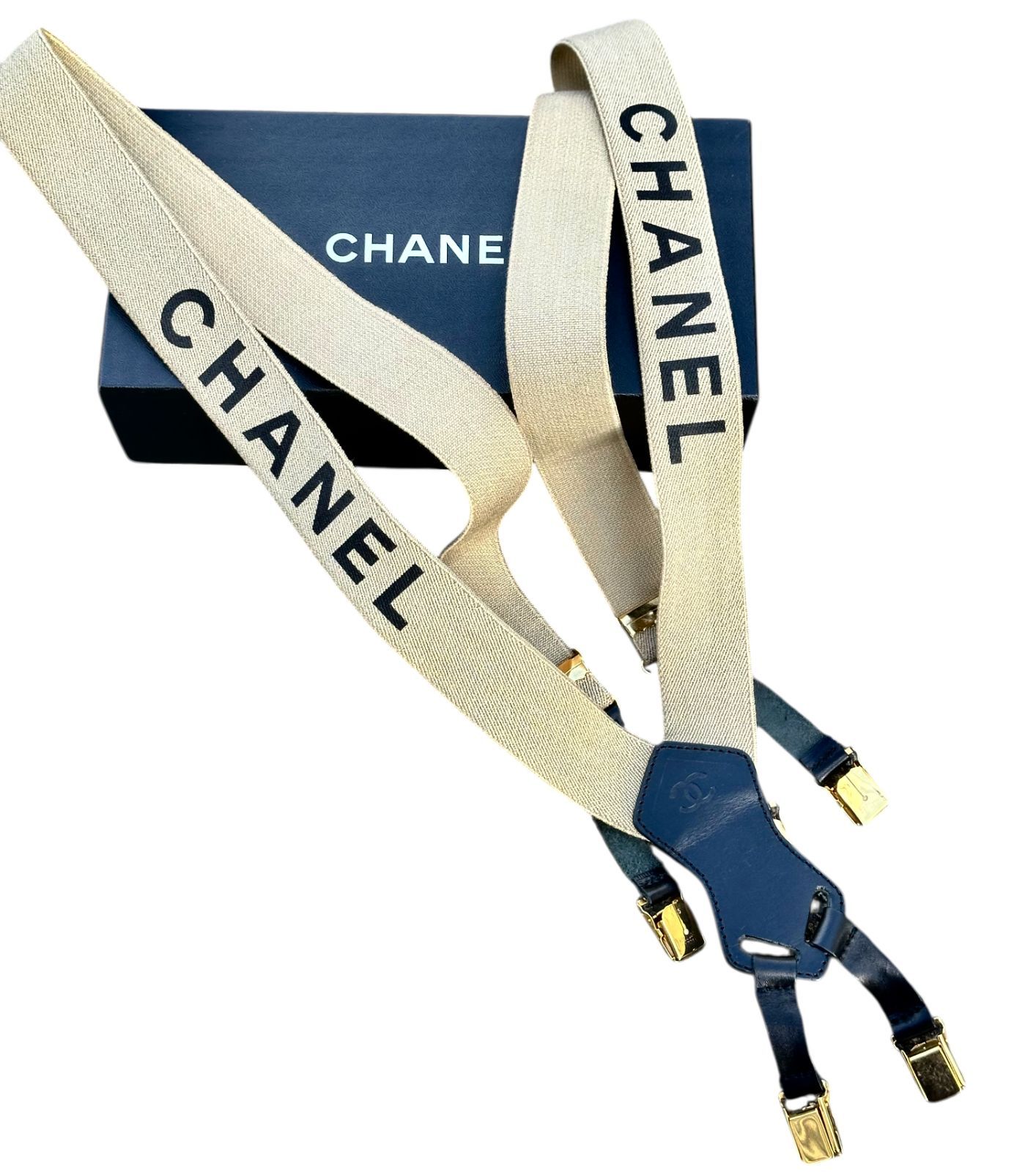 超 シャネルCHANELヴィンテージVintageアーテイスト芸能人愛用サスペンダーベージュ ブラック黒ゴールド金具タグありSuspender
