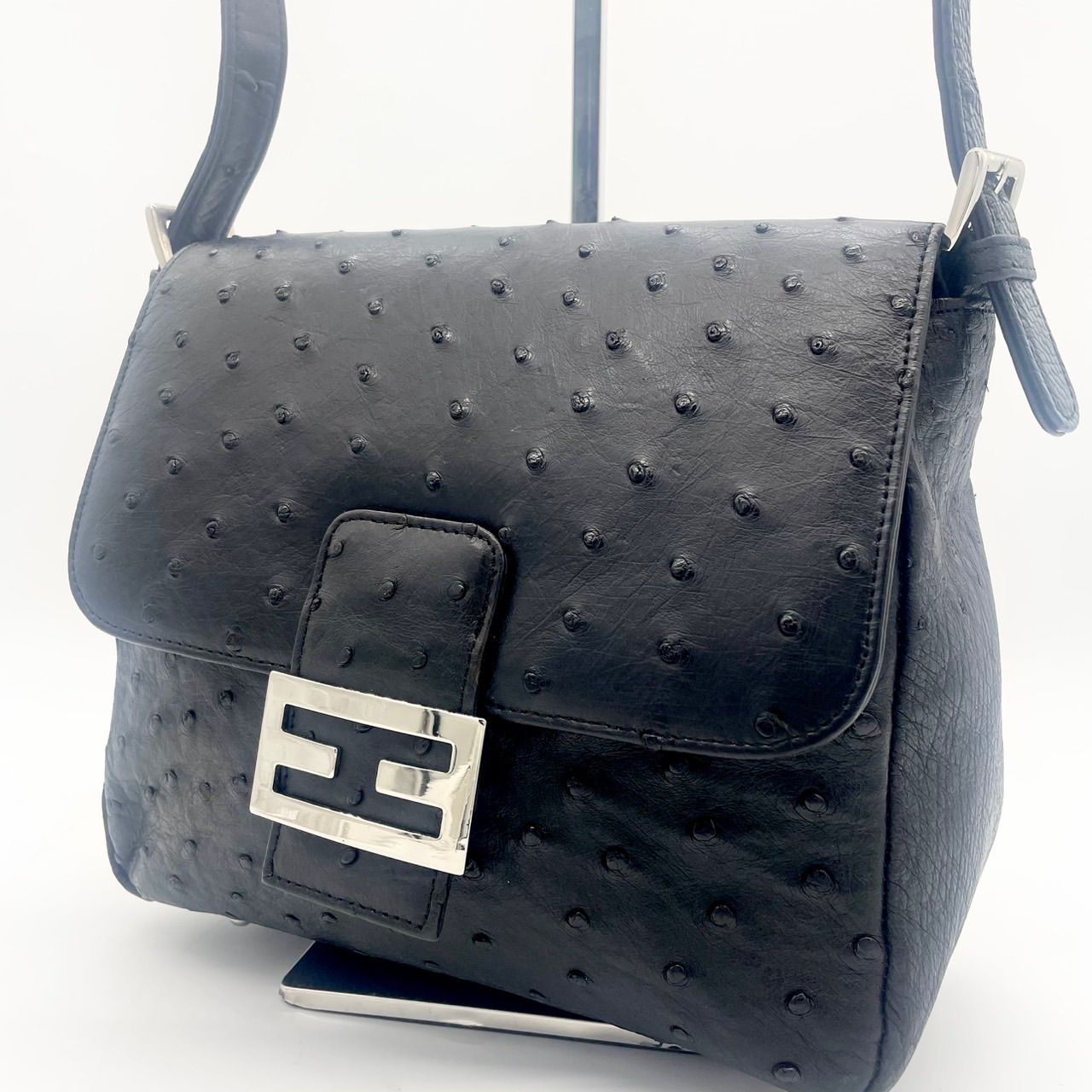 美品】RODANIA ロダニア オーストリッチ ショルダーバッグ ブラック 黒 