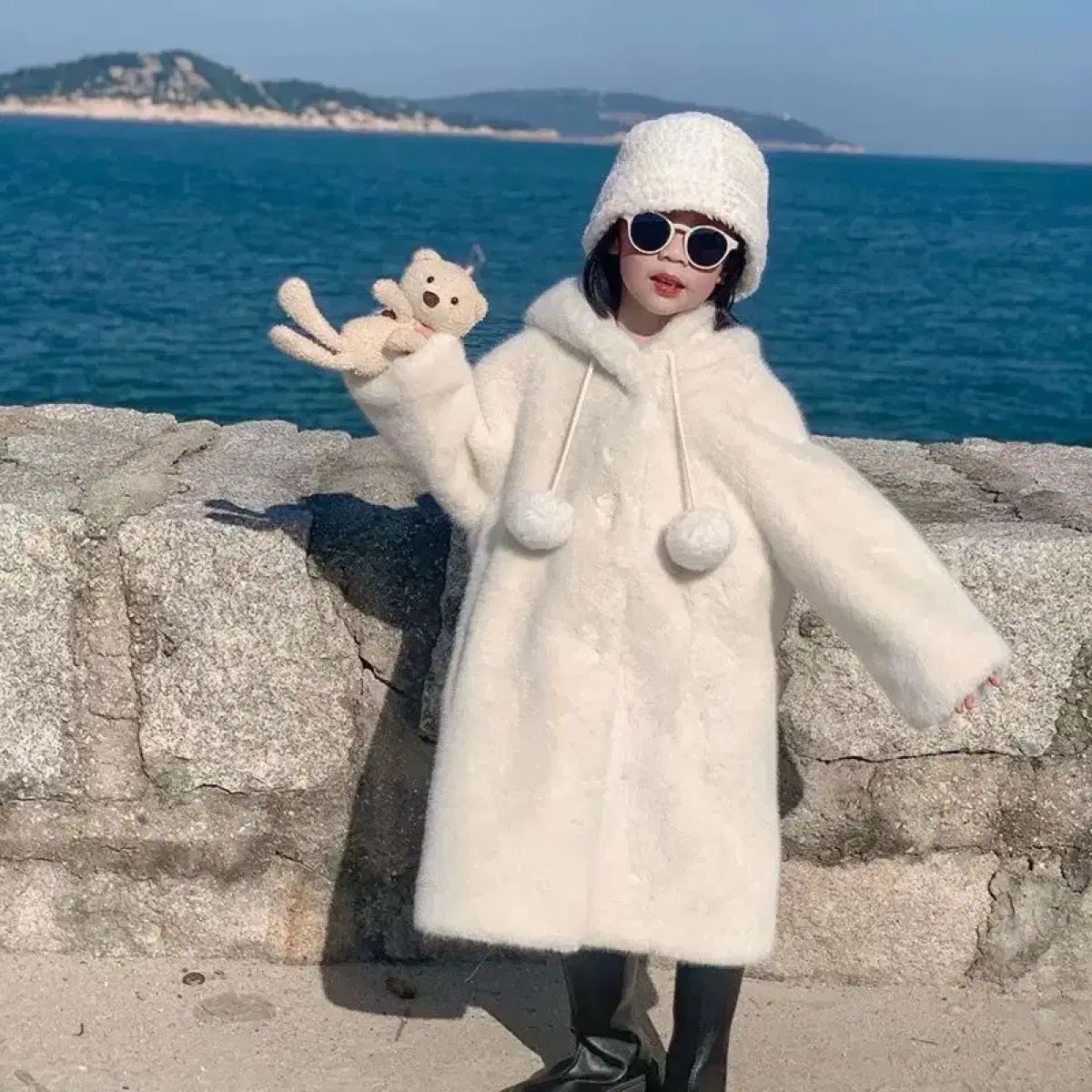 女の子用 白 ボア ロング コート 3 cm参考 2 COLOR