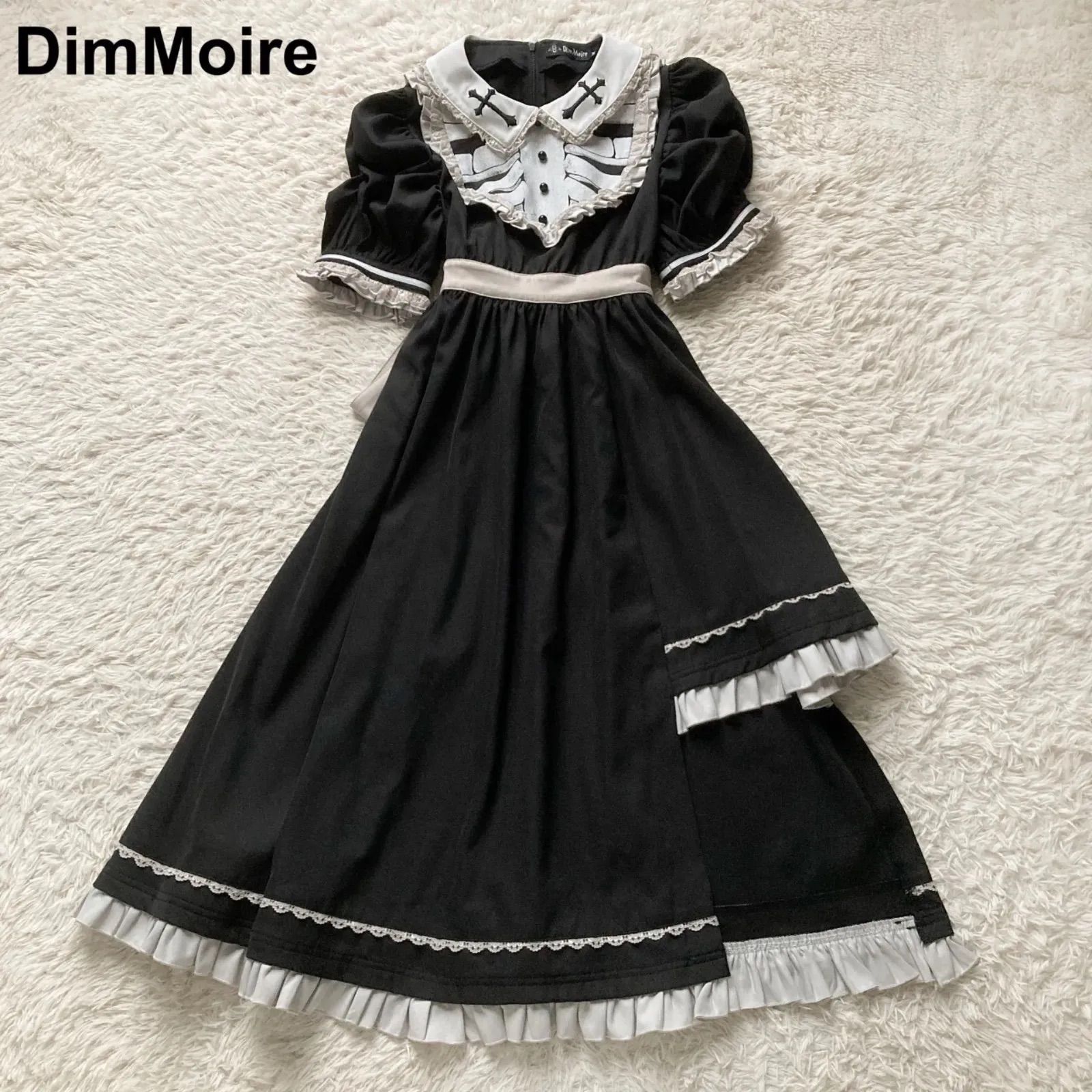 DimMoire ディムモアール 儚骸アシメワンピース シスター風ワンピース フ アシンメトリー フリル レース ウエストりぼん ブラック ホワイト 十字架 クロス プリント Mサイズ ポリエステル 韓国製 病みかわ ゴスロリ