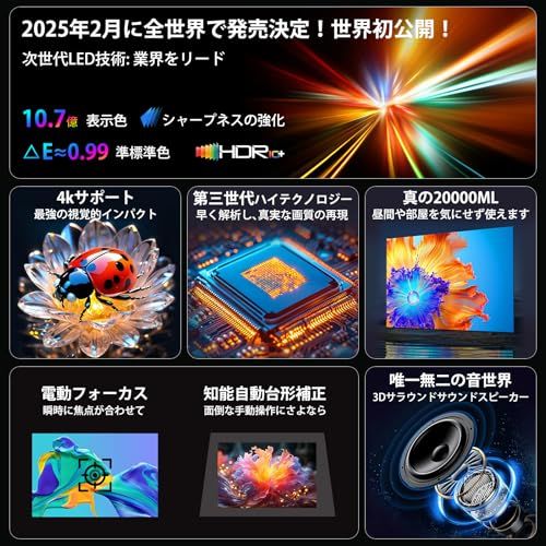 プロジェクター 家庭用 令和7年 新登場 明るさプラス20000 LM＆電動フォーカス＆自動台形補正＆4 K対応 小型 Wi Fi 6瞬時接続 天井投影 1080 P Bluetooth 5 4 HI FIスピーカー内蔵 短距離投影 自動台形