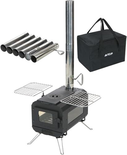 ヴァストランド 薪ストーブ キャンプ用 クッキングストーブ 耐熱塗装 3面ガラス窓 煙突 底網付き 974 d 208 c