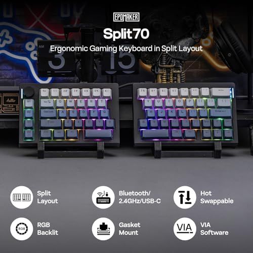 Split 70 ワイヤレスゲーミングキーボード 分割キーボード QMK VIA対応 テンキーレス メカニカルキーボード 無線 ホットスワップ対応 クリーミーリニアスイッチ 2.4 Ghz Bluetooth Type-C ノブ付