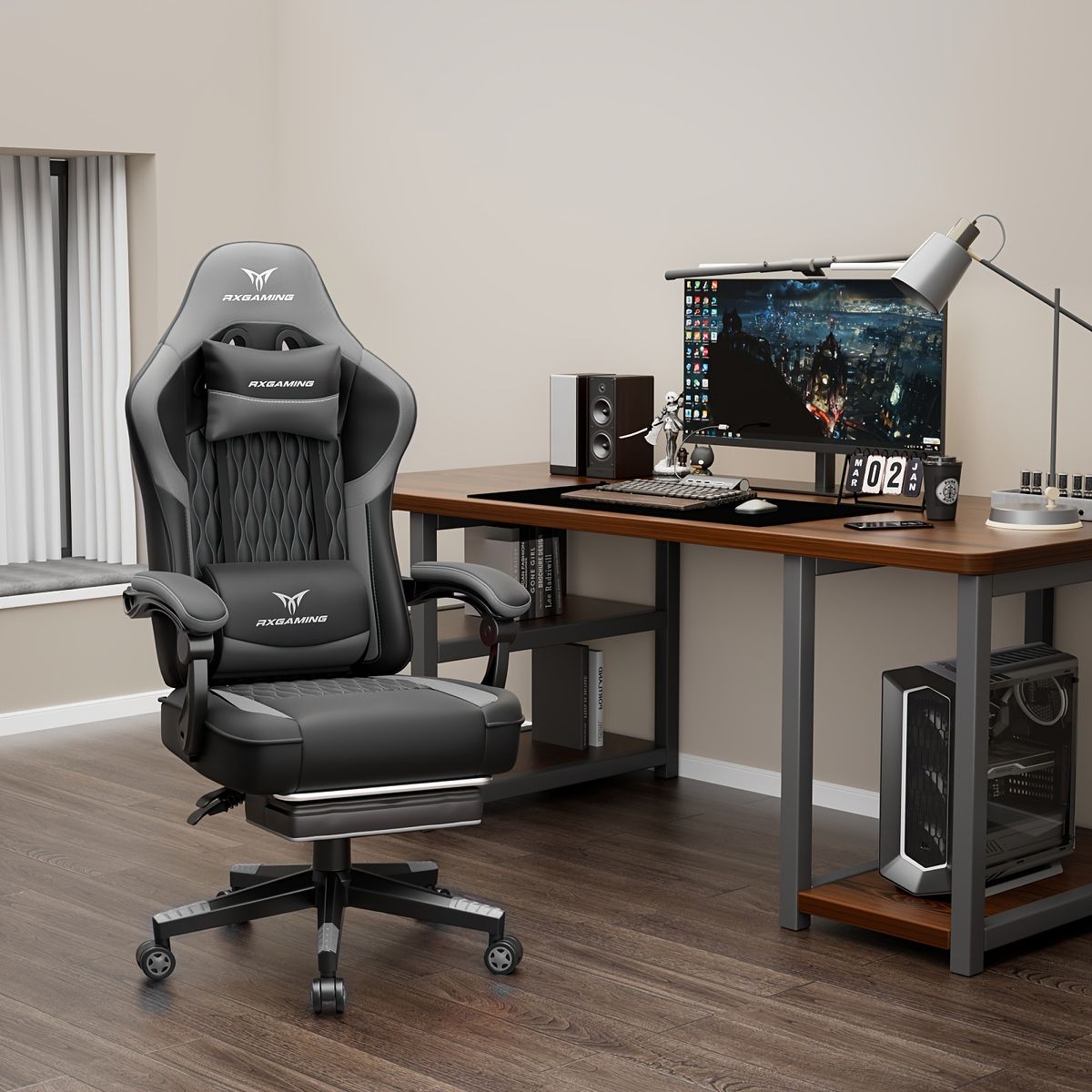 厚クッション ゲーミングチェア リクライニング145度 オットマン付 デスクチェア ワークチェア PCチェア 人間工学 グレー 青 白 耐荷重150 kg