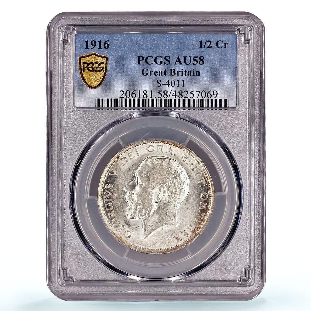 イギリス 1/2クラウン ジョージ5世 KM-818.1 AU58 PCGS 銀貨 1916年