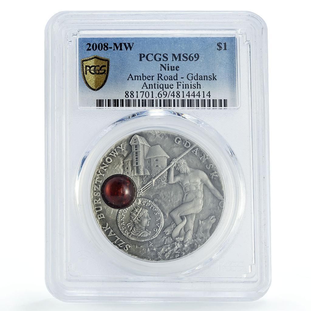 ニウエ 1ドル 琥珀 ルート 道路 グダニスク ネプチューン ファウンテン MS 69 PCGS 銀貨 2008年