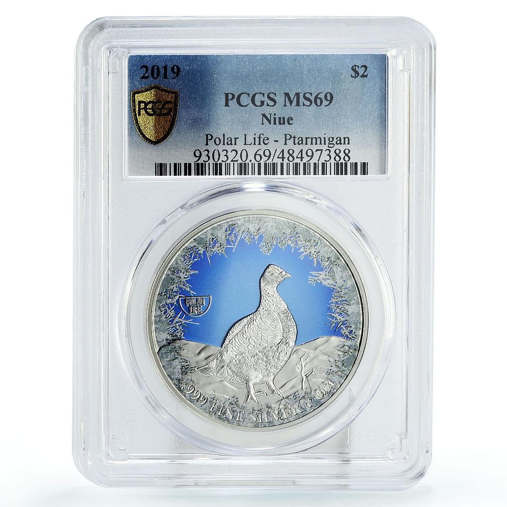 ニウエ 2ドル 保護 野生生物 ライチョウ 鳥類 地動物 MS 69 PCGS 銀貨 2019年