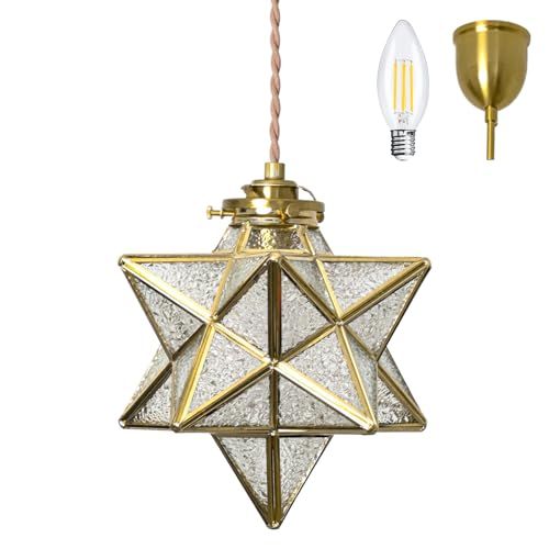 共同照明 ペンダントライト E 17 星形 ガラスシェード 吊り下げ 長さ調節可 天井ライト おしゃれ GT-DJ 005 LQ-C 35-T 4 W 引掛式 照明器具 間接照明 立体感 アンティーク レトロ インテリア LED電球付き ゴールド f 25 ff 53