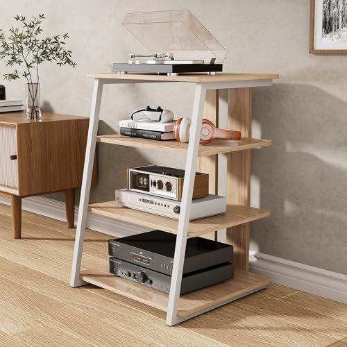 オーディオラック AV棚 インテリア 台形 木目調棚板 オープンシェルフ テレビ台 オーディオスピーカーアンプキャビネット CDアンプ機器ラック ホームストレージシェルフ 4段 収納 TV台 スチール製フレーム 裏面配線 オー 4 f 6280 eb