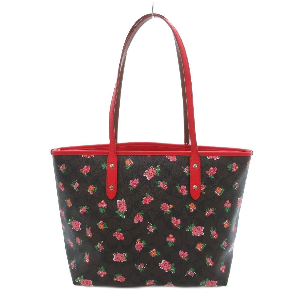 コーチ COACH シグネチャー トートバッグ 花柄 PVC ロゴ 茶 ブラウン