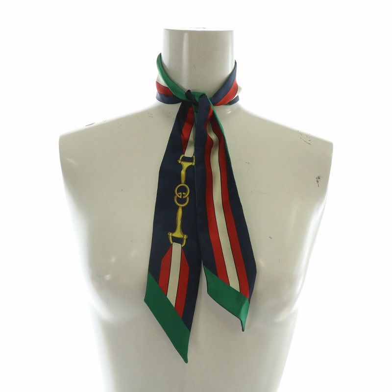 グッチ GUCCI スカーフ ネックボウ 絹 シルク GG ホースビット 総柄 緑