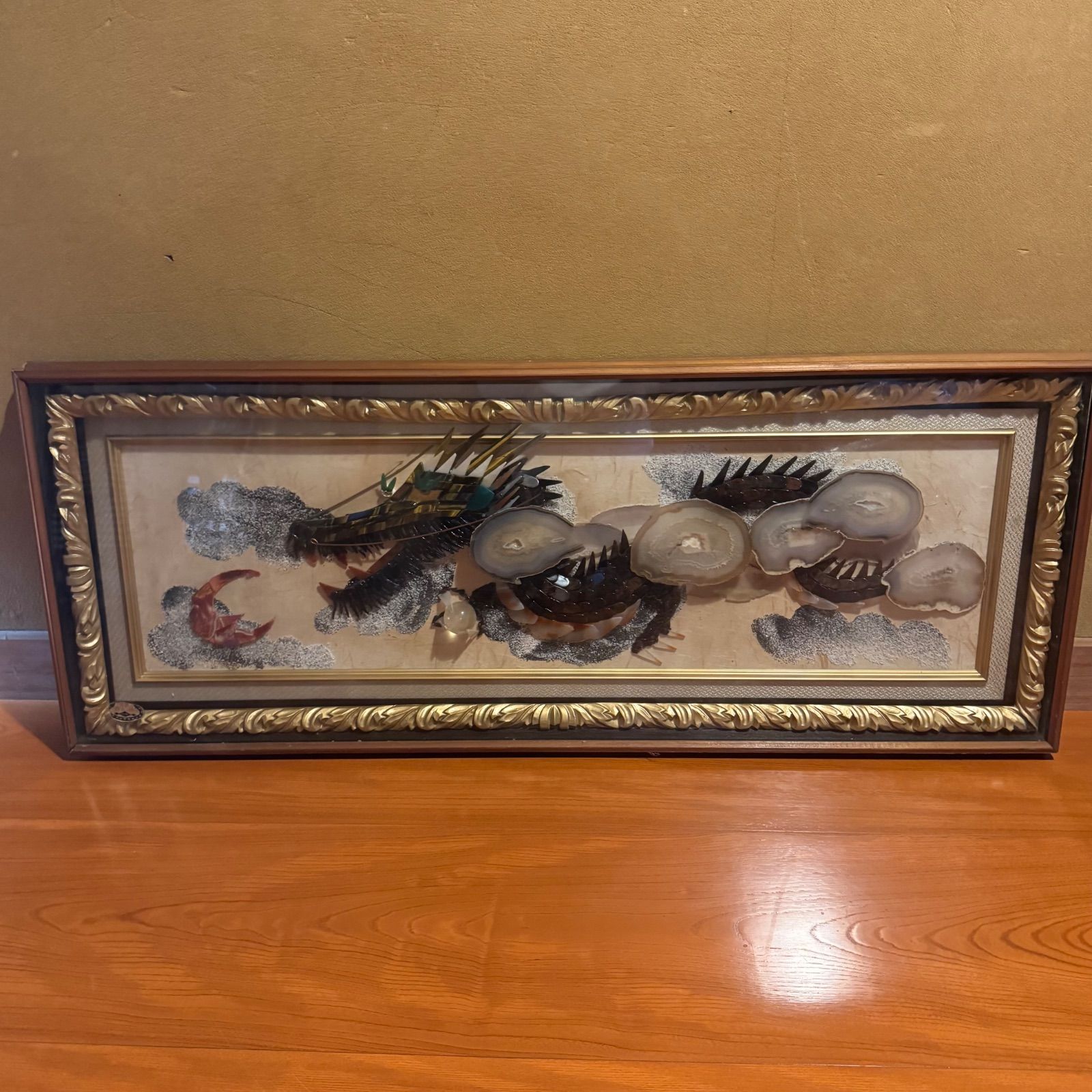 貴石画 額入り 龍 ドラゴン 額縁 インテリア アート 縁起物 昭和レトロ 石細工 ストーンアート