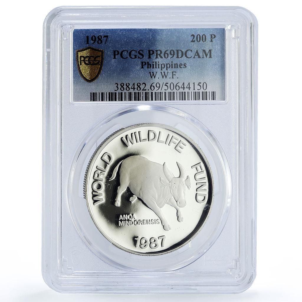 フィリピン 200 ピソ ミンドロ 雄牛 野生動物 WWF 動物 PR 69 PCGS 銀貨 1987