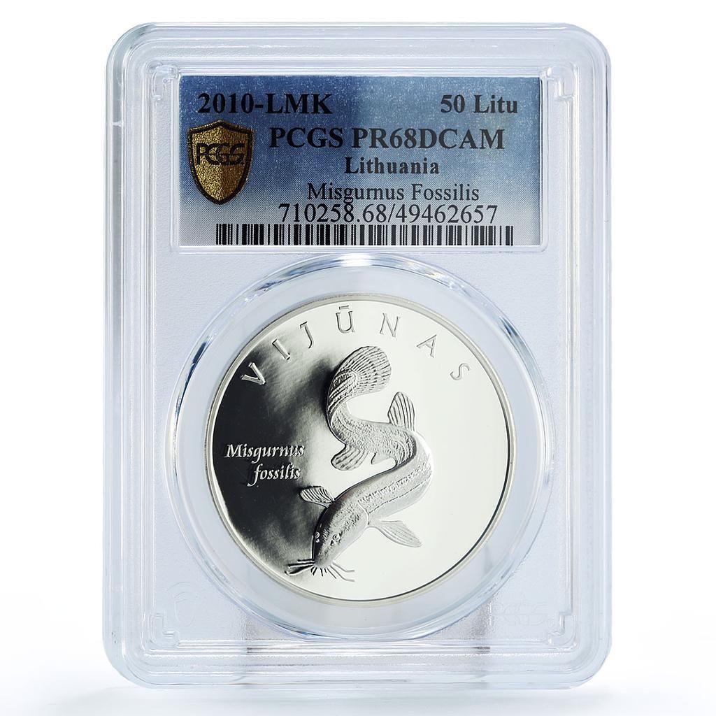 リトアニア 50リトゥス ミスグルン魚類保護 PR 68 PCGS 銀貨 2010年