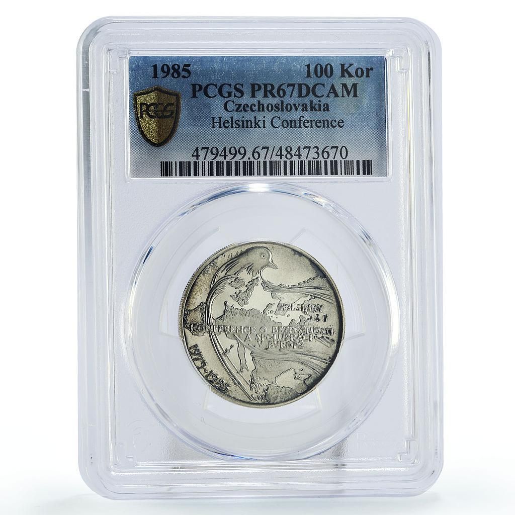 チェコスロバキア 100コルナ ヘルシンキ会議鳩 PR67 PCGS 銀貨 1985年