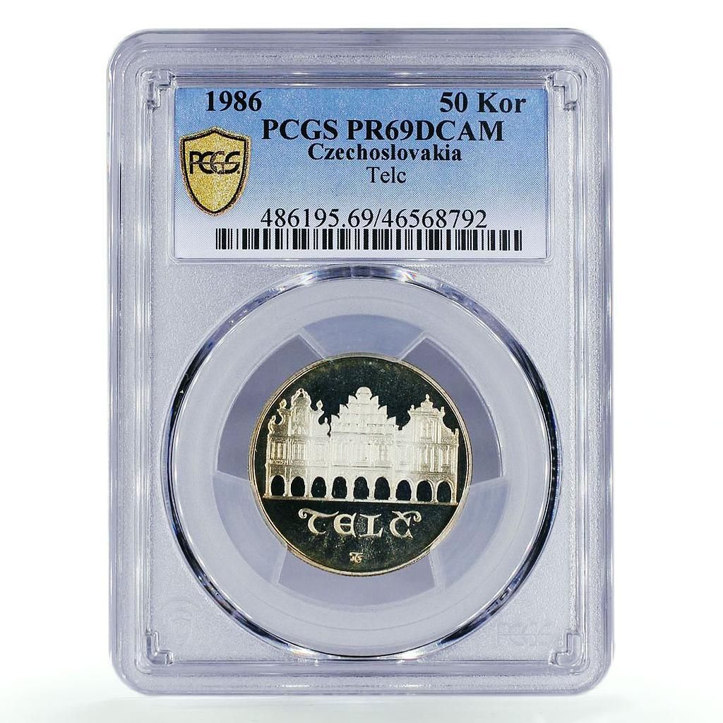 チェコスロバキア 50コルナ テルチ 都市 建物 建築 PR 69 PCGS 銀貨 1986年