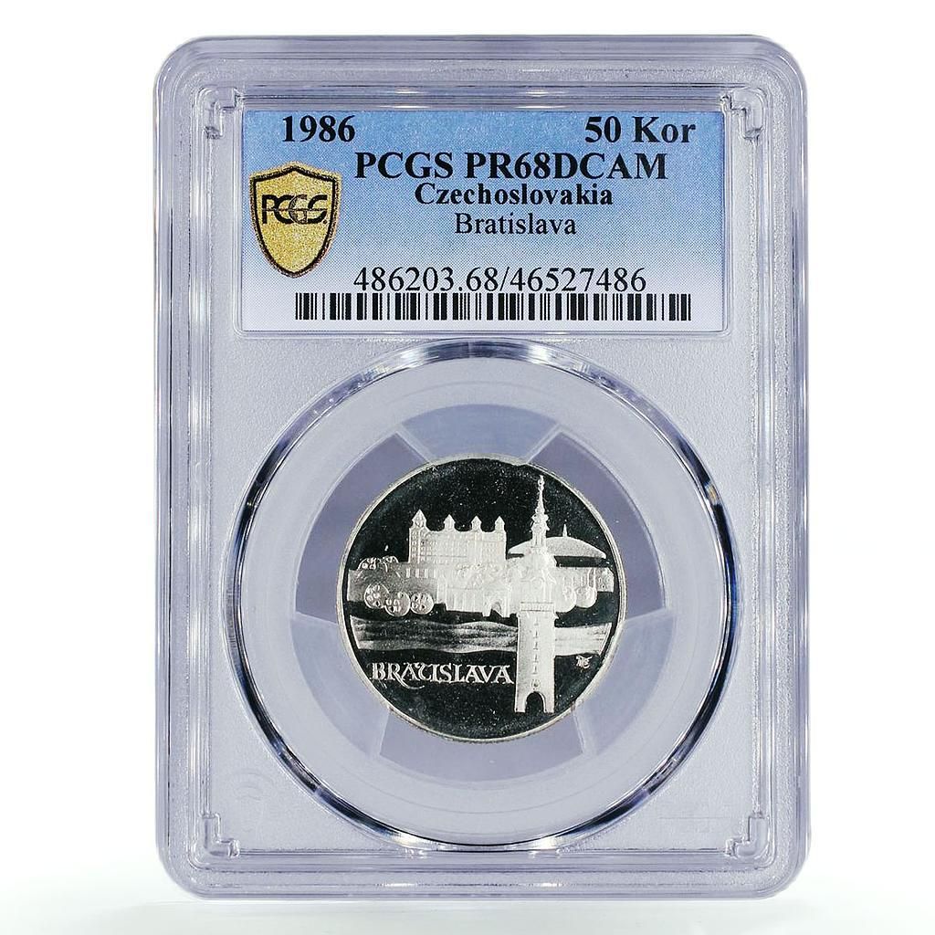 チェコスロバキア 50コルナ ブラティスラヴァ風景画 PR68 PCGS 銀貨 1986年