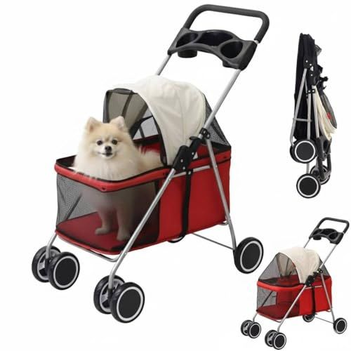 iimono 117 ペットカート 小型犬 犬 猫 軽量 折りたたみ 前輪360°回転 ブレーキ 4輪軽量 耐荷重15 メッシュ ドリンクホルダー マット付き 飛び出し防止 ペットキャリー 老犬 介護用 レッド se