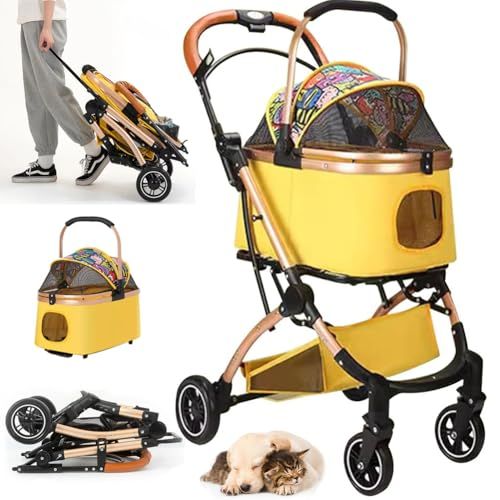 ペットカート 分離型 キャスター付き 前輪360°回転 犬用ベビーカー組み立て簡単 軽量 通気 折りたたみ式 取り外し 犬用カート収納簡単 収納 大容量 高耐荷重 猫 犬用 小型犬 中型犬 外出便利 お出かけ 散歩 イエロー 66 x 30 10 se