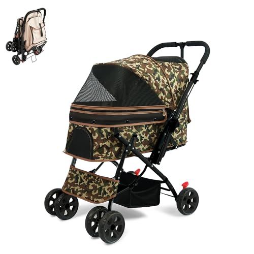 ペットカート 犬カート 対面両用 多頭 折りたたみ 収納 コンパクト 大開口 ストッパー 中型犬 小型犬 猫 2 way 軽量 耐荷重25 KG 黒いフレーム カモフラージュ生地 se