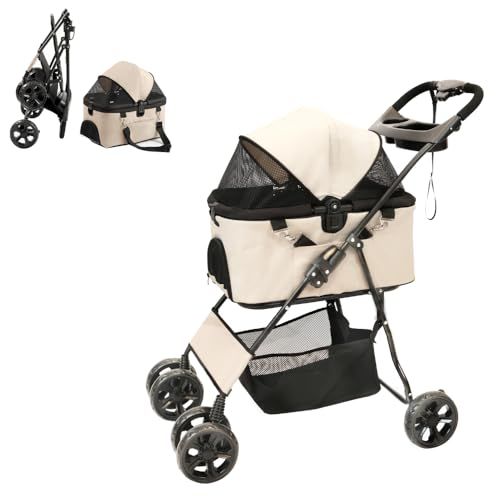 ペットカート 分離型 分離両用 多頭 折りたたみ 収納 コンパクト 大開口 ストッパー 中型犬 小型犬 猫 2 way 軽量 耐荷重15 KG ベージュ se
