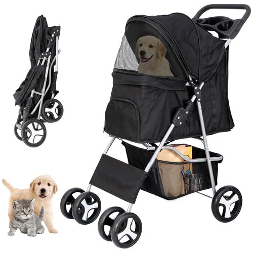 JungleA ペットカート 4輪 折りたたみ 犬 カート ベビーカー バギー ペットバギー 多頭 耐荷重15 kg 猫 小型犬 中型犬 老犬介護 収納カゴ ドリンクホルダー 飛び出し防止リード付き 軽量 お出かけ 公園散歩 ショッピング 旅行 通院se