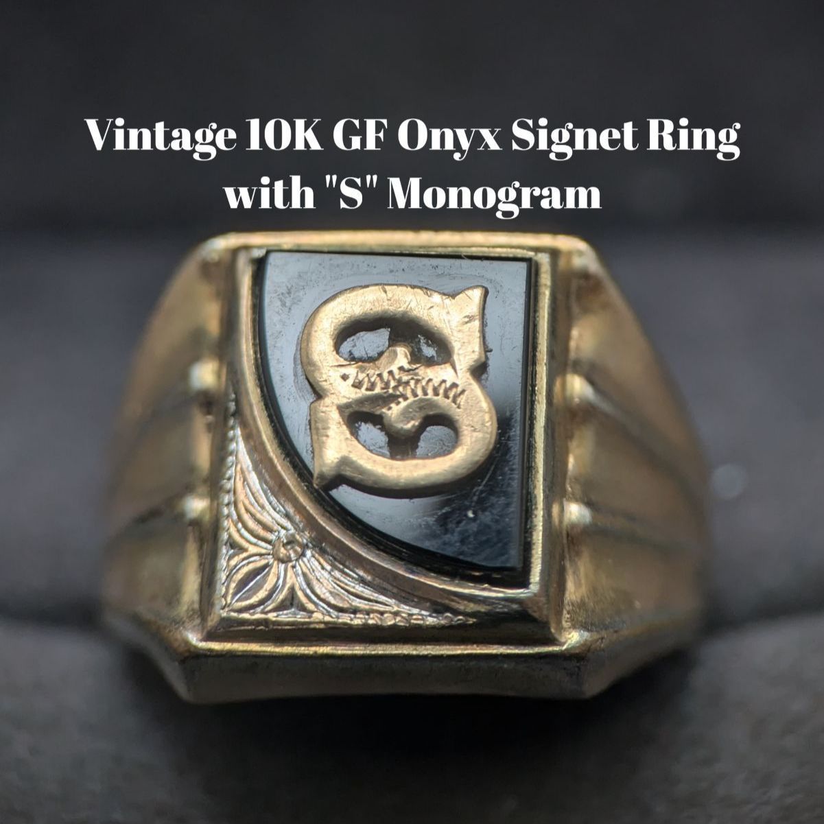ヴィンテージ 10K GF オニキス Sイニシャル シグネットリング 12号 6.3