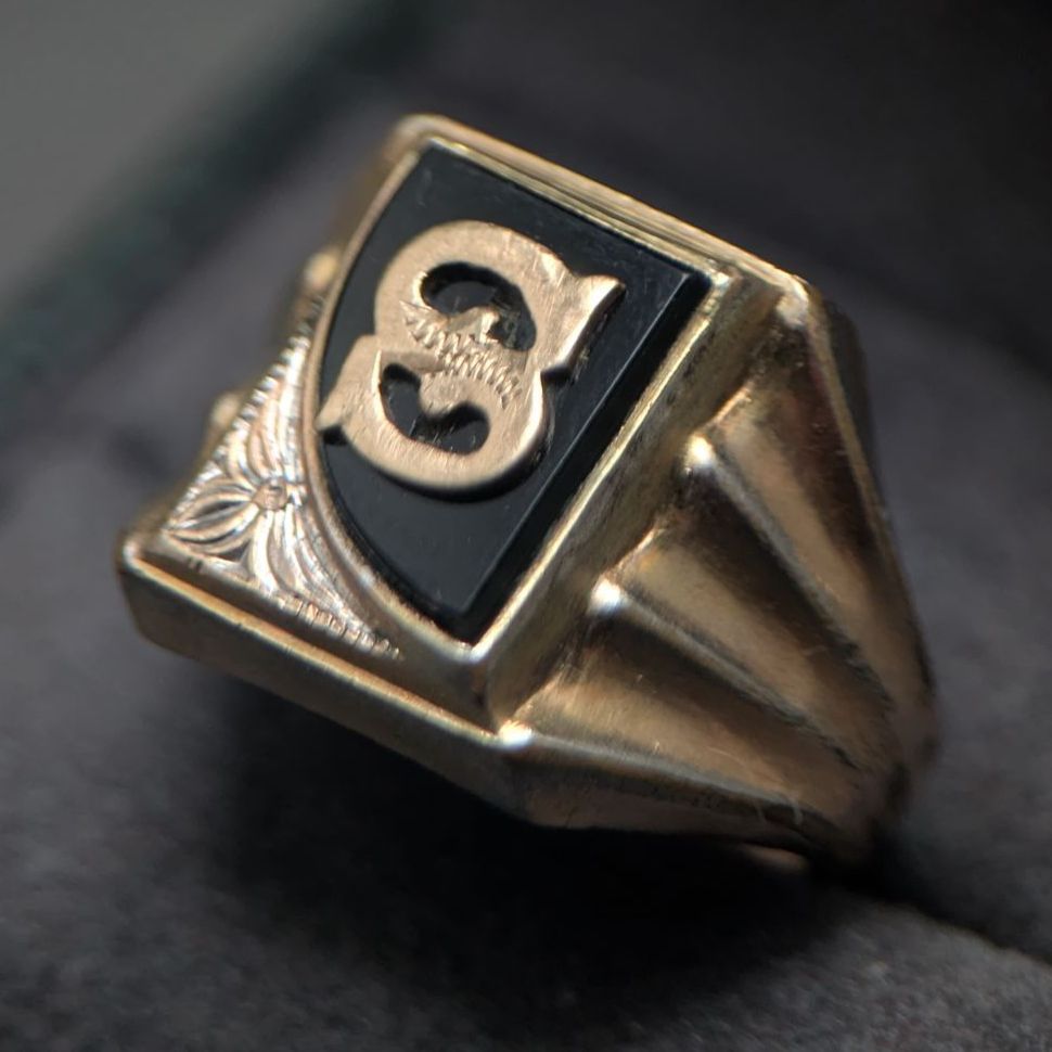 ヴィンテージ 10K GF オニキス Sイニシャル シグネットリング 12号 6.3
