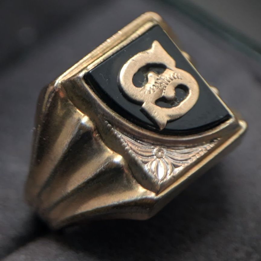 ヴィンテージ 10K GF オニキス Sイニシャル シグネットリング 12号 6.3