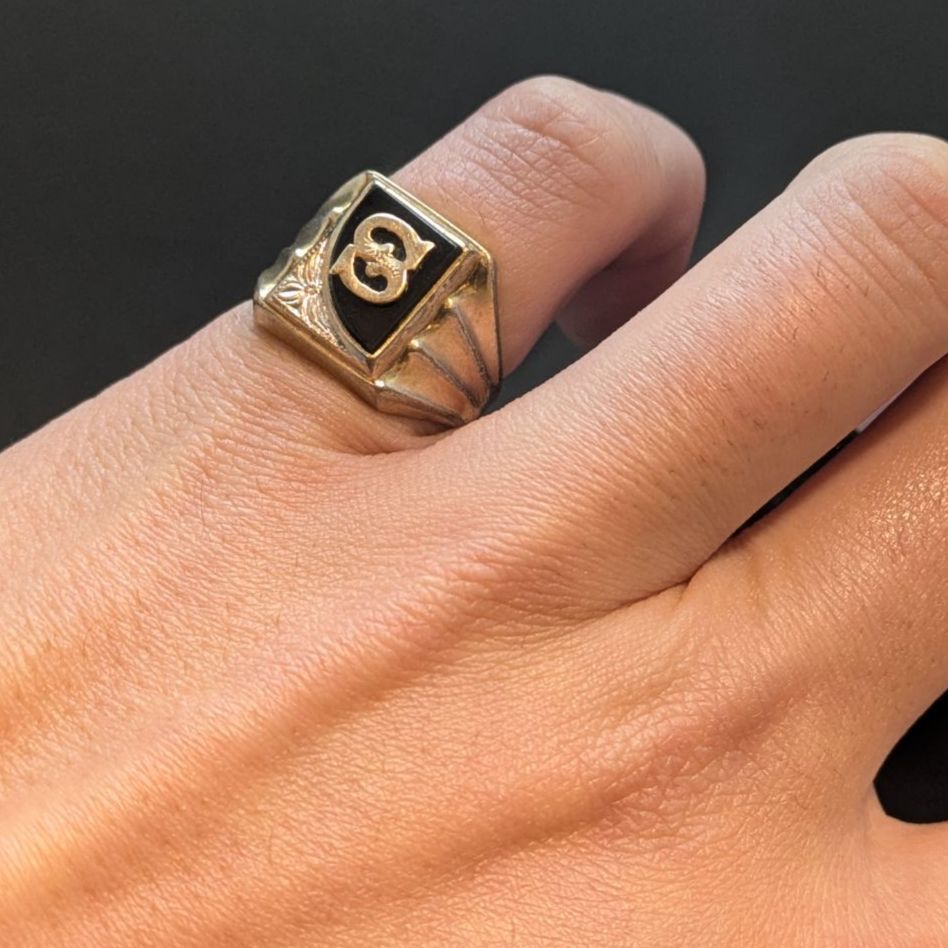 ヴィンテージ 10K GF オニキス Sイニシャル シグネットリング 12号 6.3