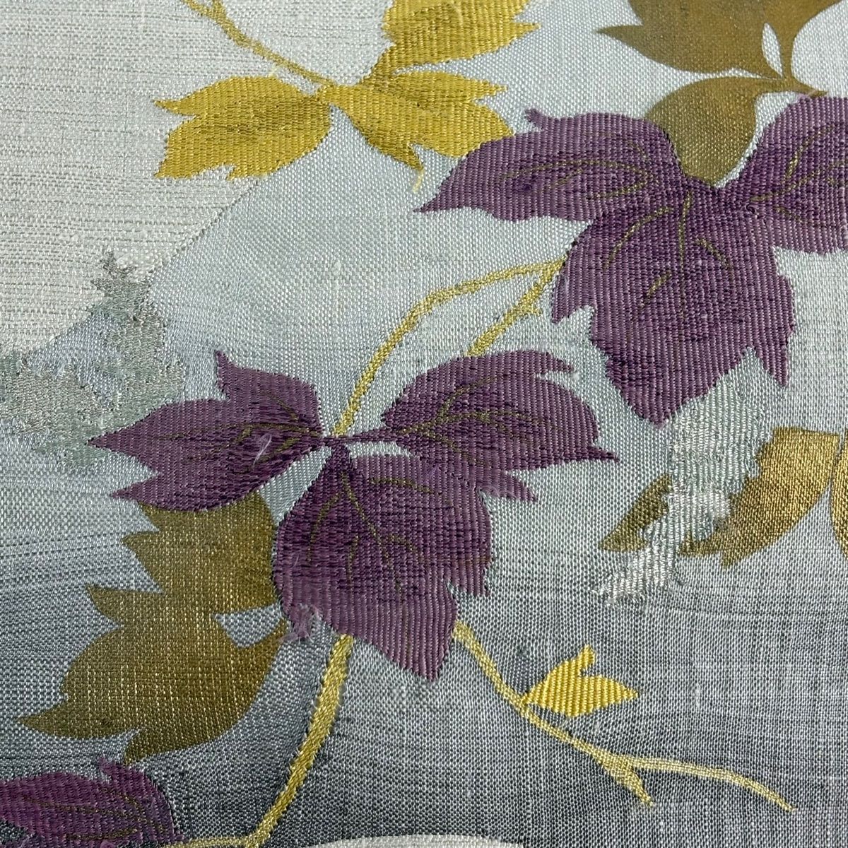 袋帯 落款 たかしま帯 葉柄 萩 金銀糸 箔 灰紫 六通 正絹 袋帯 名品 落款 帝王紫 葉柄 霞 銀糸 金彩 クリーム お太鼓柄 正絹